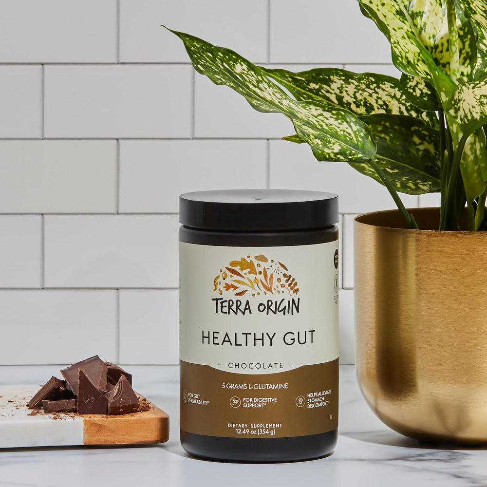 Terra Origin Healthy Gut Chocolate marshmallow root highlights plant-based soothing botanicals.