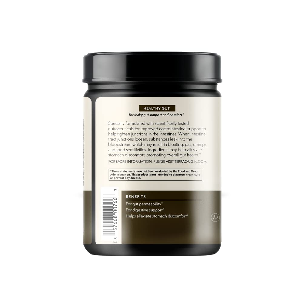 Terra Origin Healthy Gut Chocolate PepZinGI label emphasizes zinc carnosine synergy for digestion.