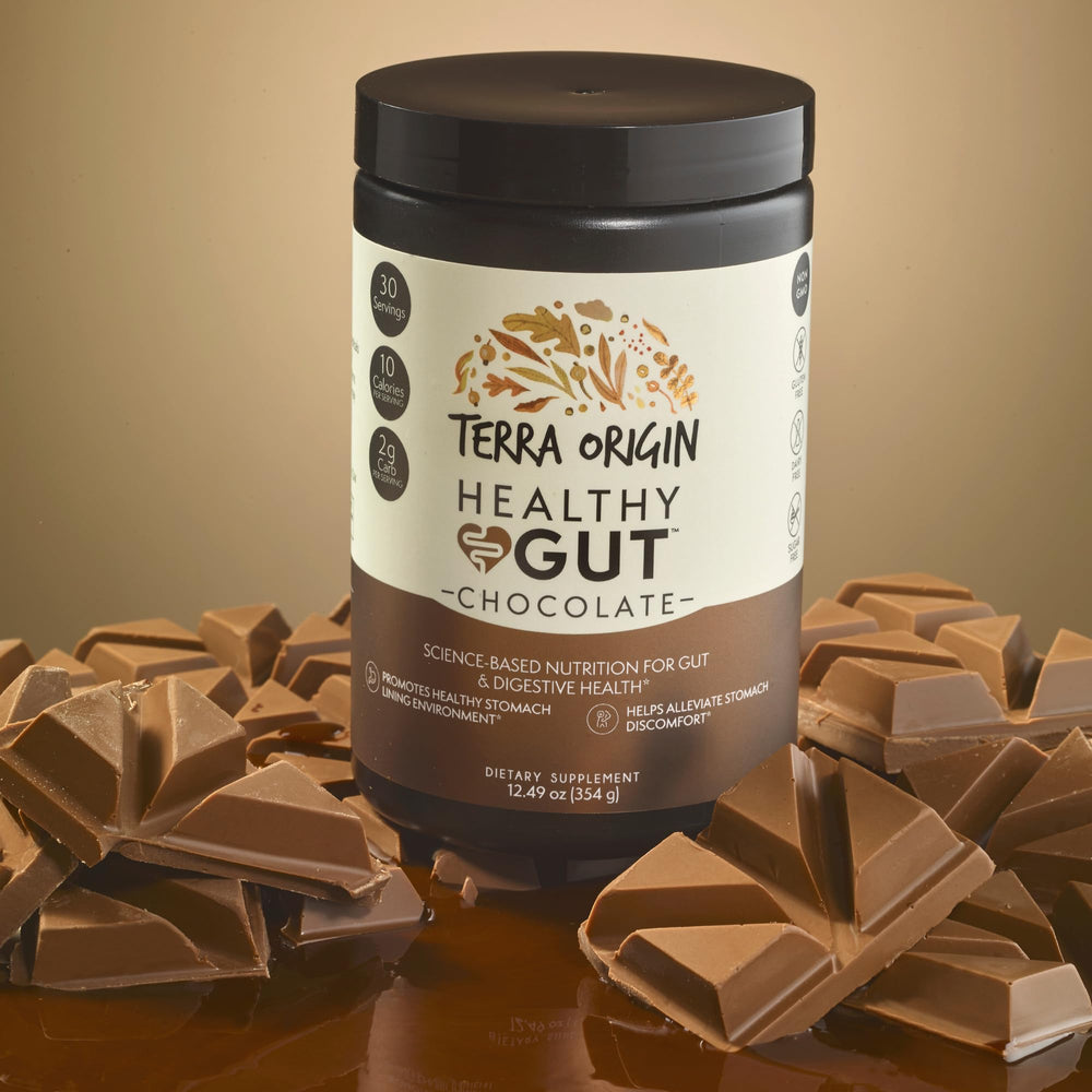 Terra Origin Healthy Gut Chocolate powder dissolving in water shows quick mixability.