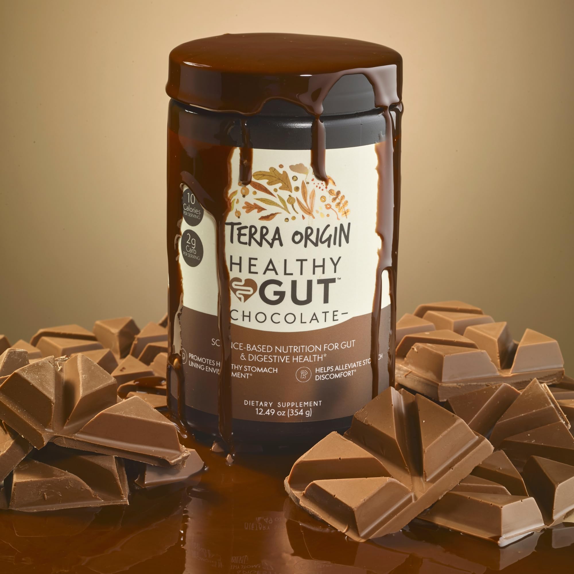 Terra Origin Healthy Gut Chocolate scoop demonstrates daily serving convenience for gut health.