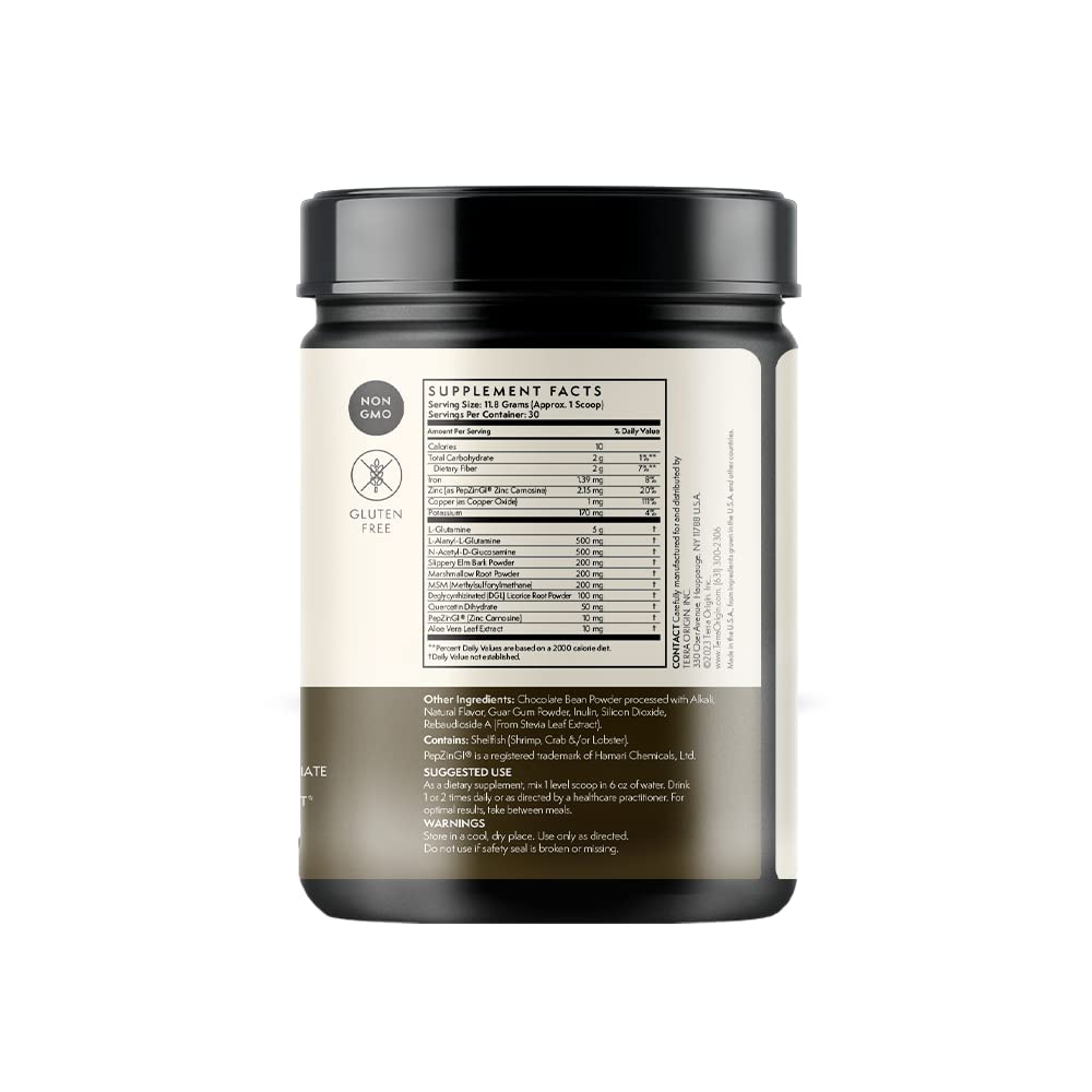 Terra Origin Healthy Gut Chocolate slippery elm bark emphasizes natural soothing herbs.