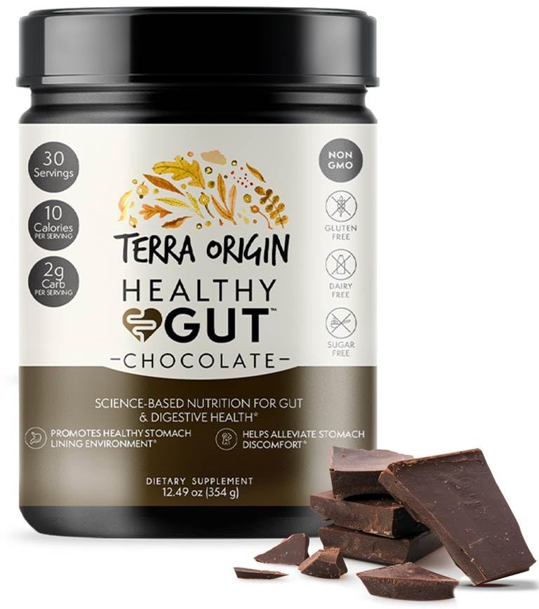 Terra Origin Healthy Gut Chocolate tub back label highlights ingredients and clean labeling.