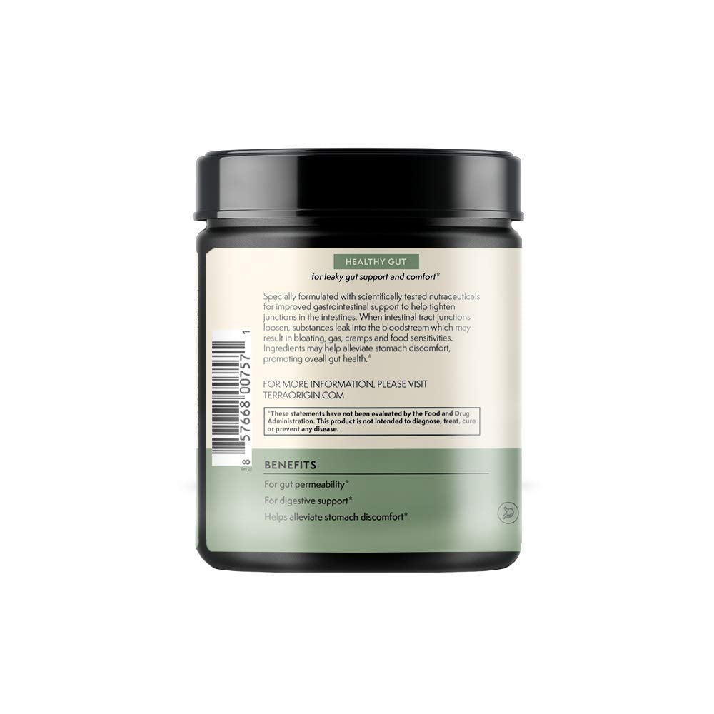 Terra Origin mint powder includes L-glutamine and zinc for supporting gut lining and resilience.