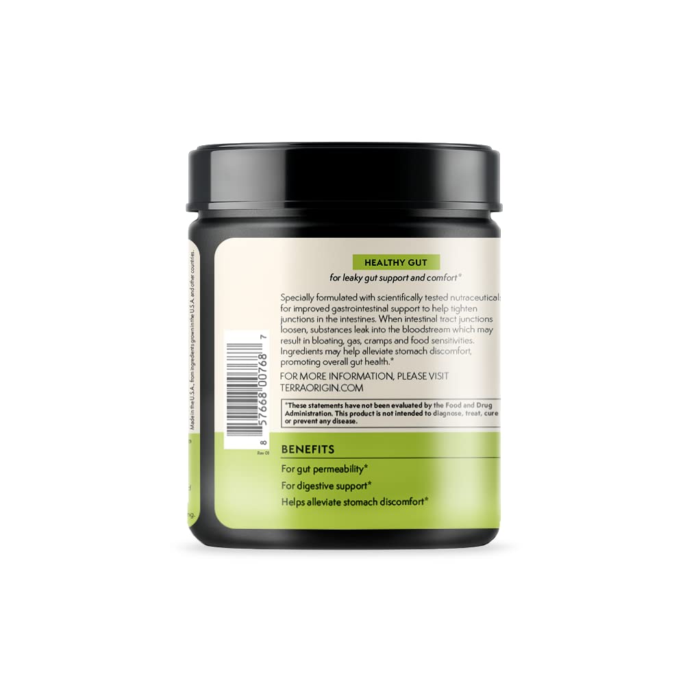 Ingredients pack shows PepZinGI, L-Glutamine, and herbs in the Terra Origin blend.