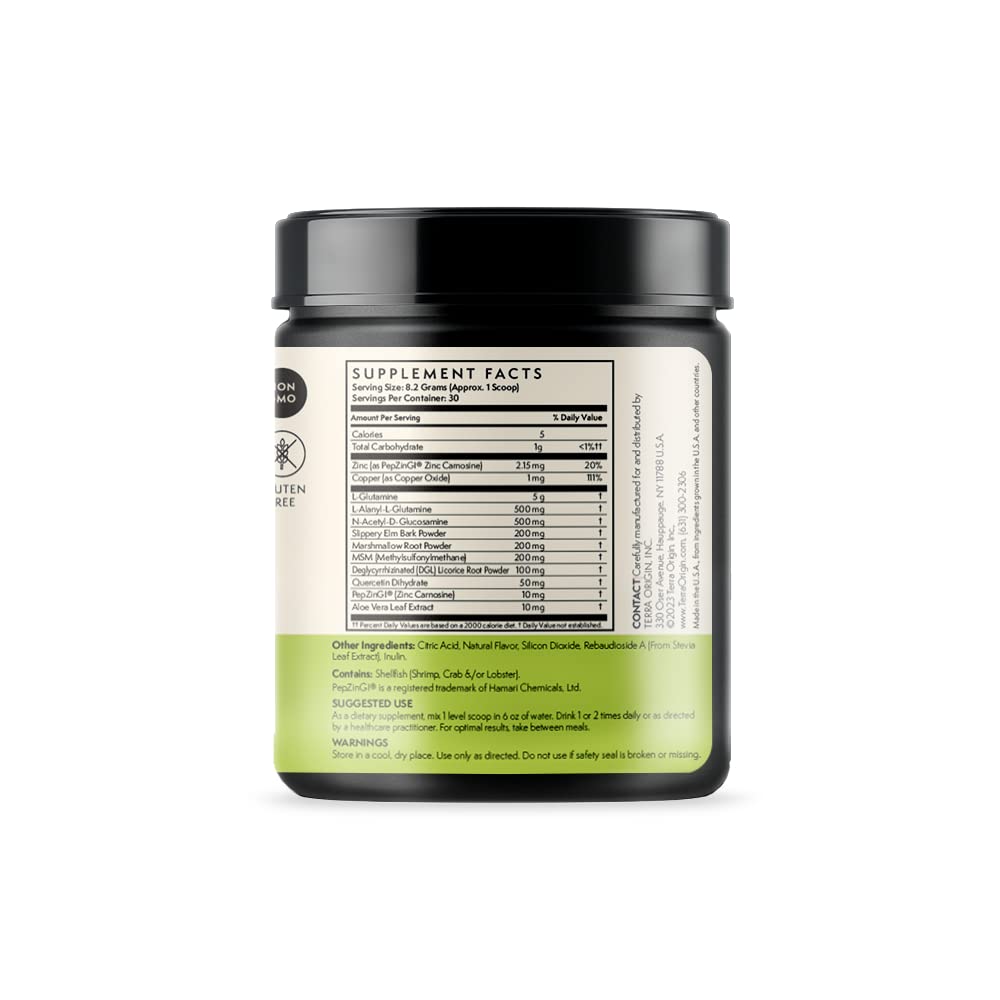 Label close-up of Terra Origin Healthy Gut Green Apple, highlighting key ingredients.