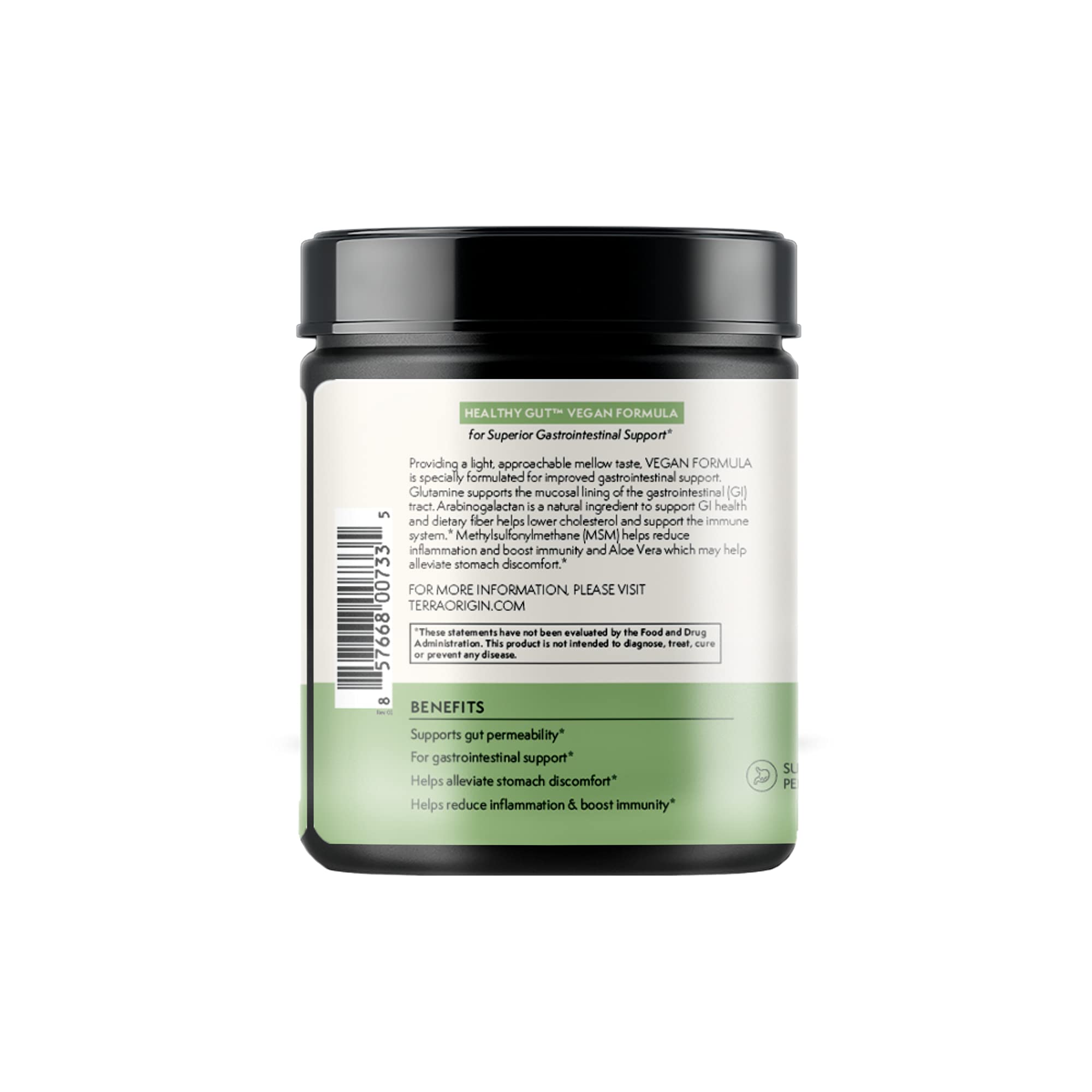 Terra Origin Healthy Gut Made in USA label emphasizing quality