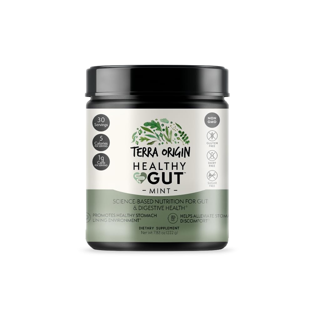 Terra Origin Healthy Gut mint powder tub promotes digestive comfort and daily wellness.
