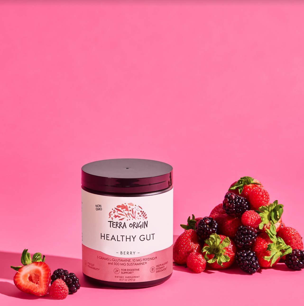 Terra Origin Healthy Gut Powder Berry drink mix in glass with ice