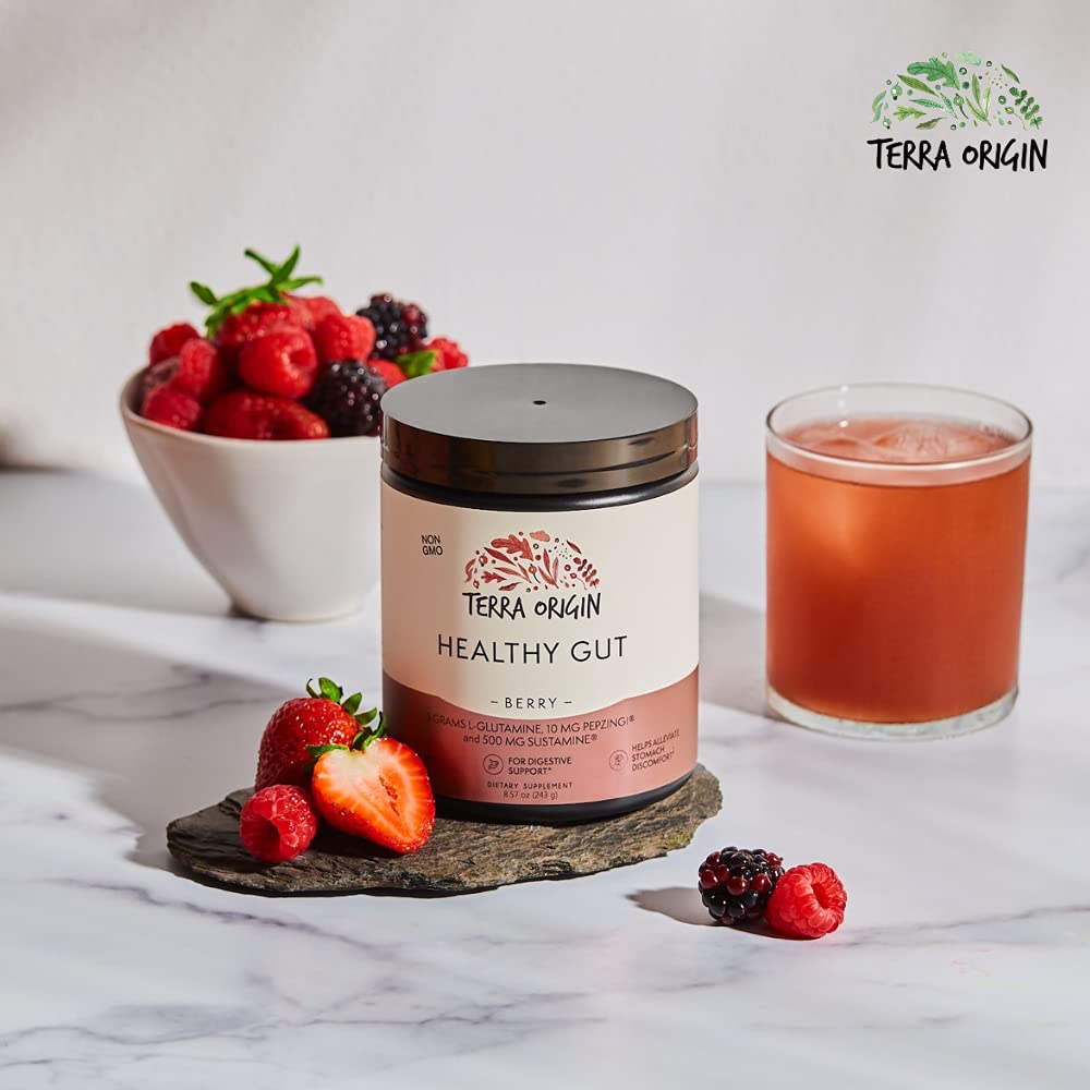 Terra Origin Healthy Gut Powder Berry label showing serving size and ingredients