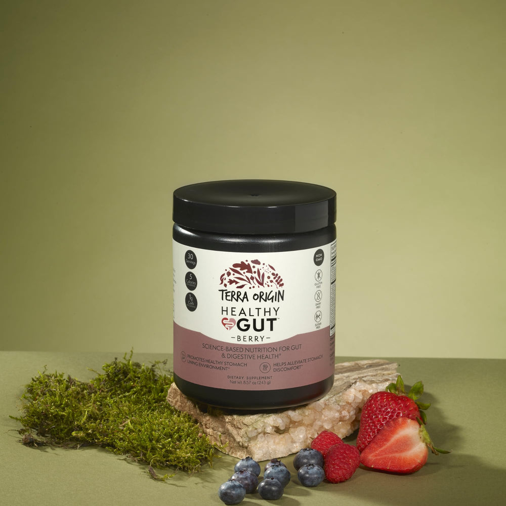 Terra Origin Healthy Gut Powder Berry scoop ready for daily mix