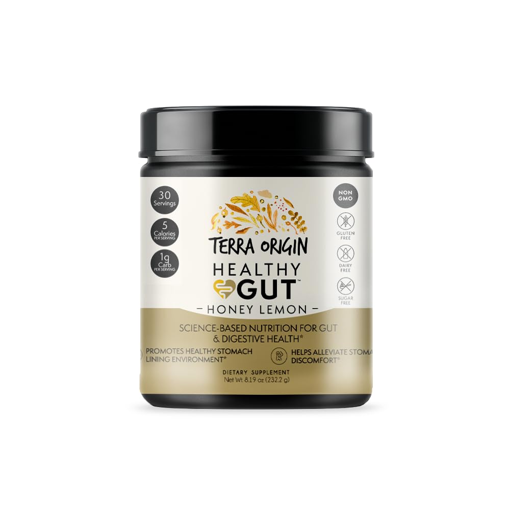 Terra Origin Healthy Gut Powder bottle closed, ready for daily digestive support.