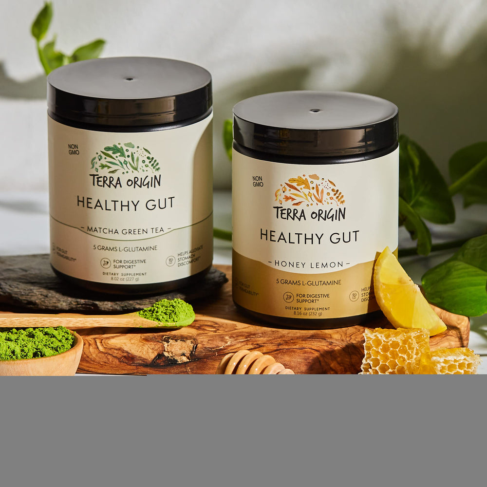 Terra Origin Healthy Gut Powder on a kitchen counter, suggesting everyday wellness.