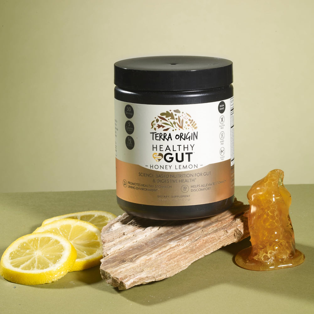 Terra Origin Healthy Gut Powder label closeup showing clean ingredients.