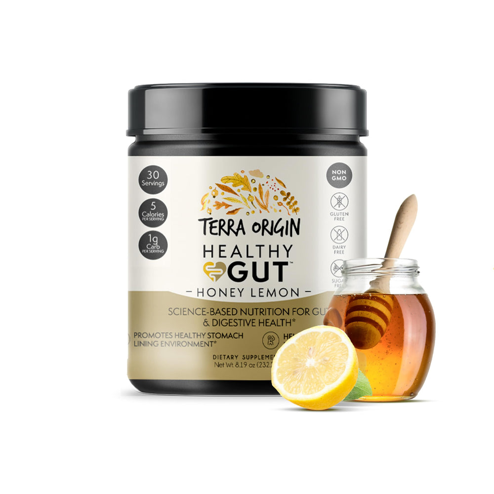 Terra Origin Healthy Gut Powder with measuring cup for simple daily use.