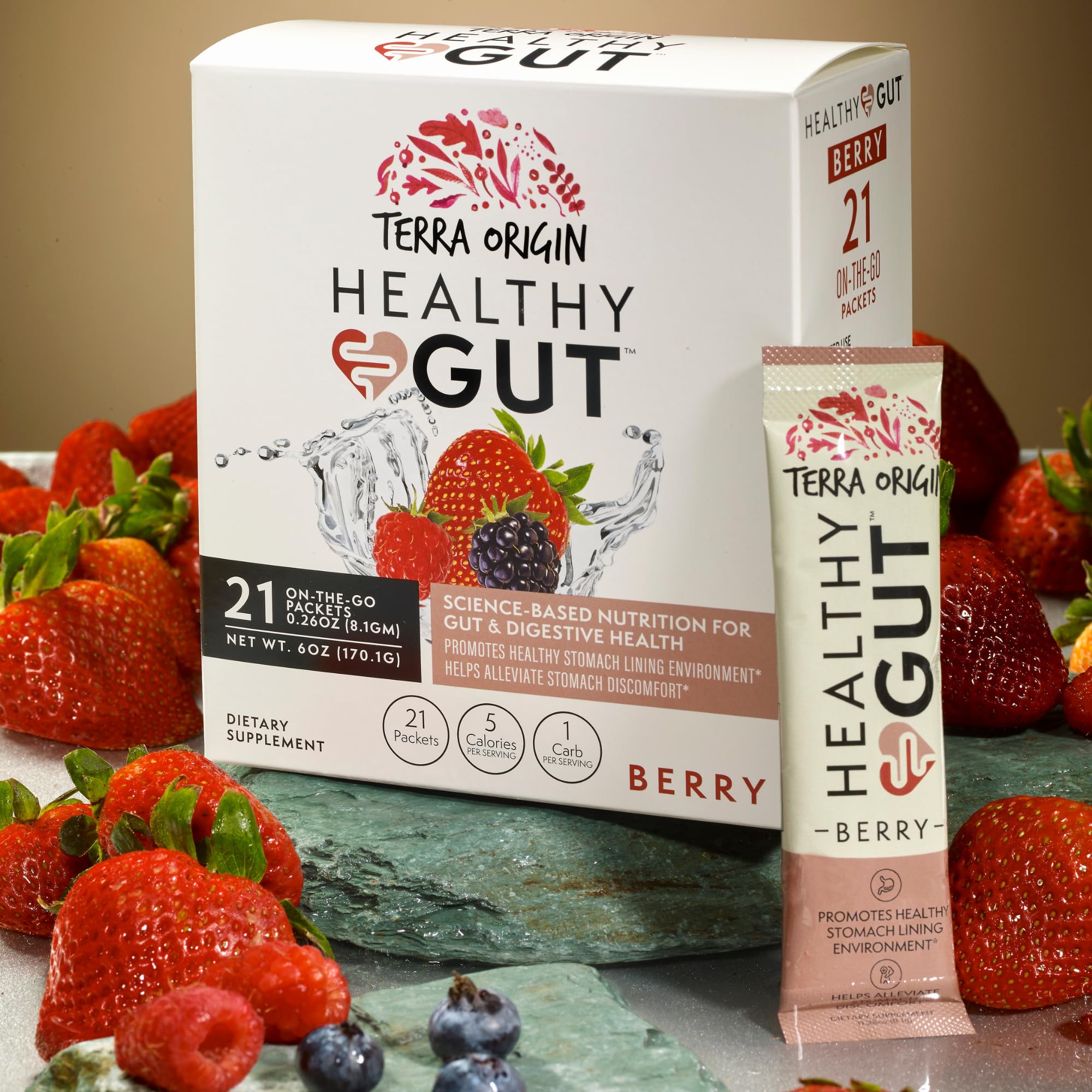 Terra Origin Healthy Gut Stick Pack Berry stick out shows easy on the go use.