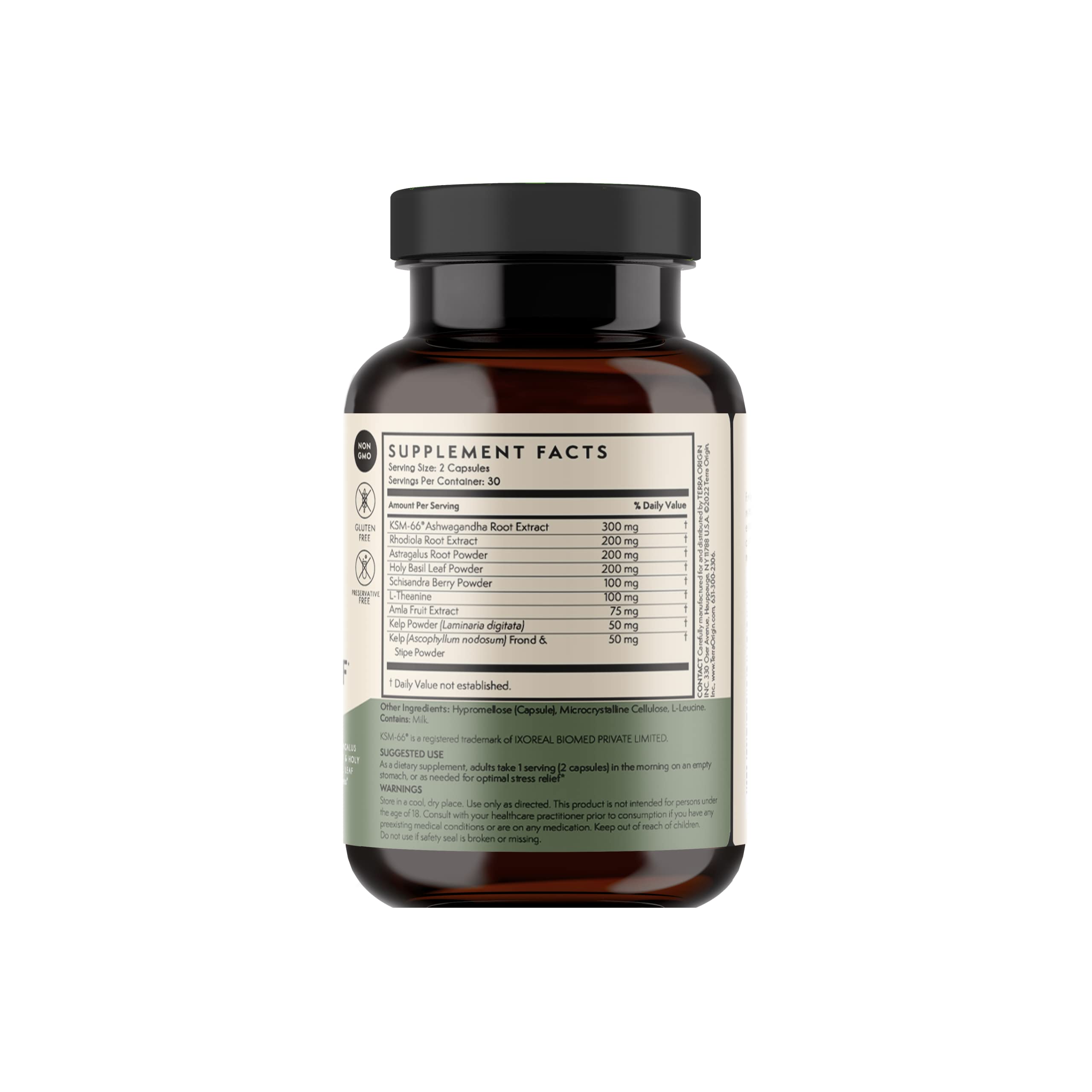 Terra Origin KSM-66 Ashwagandha label closeup highlighting active formula.