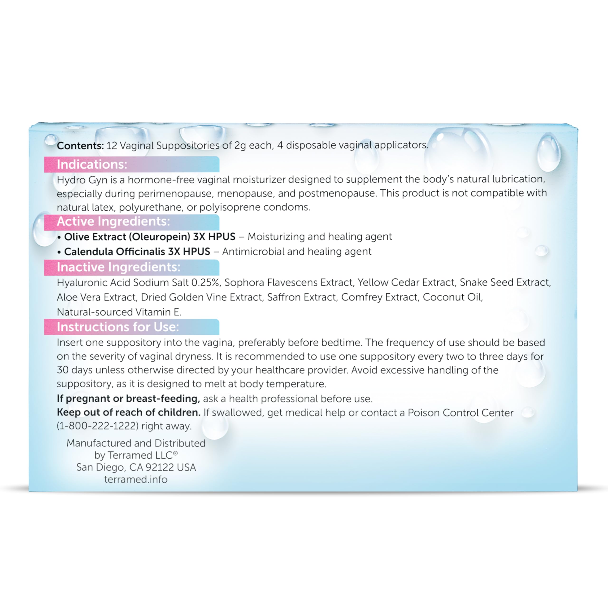 Terramed Hydro GYN hormone-free, pH-balanced label for sensitive care.