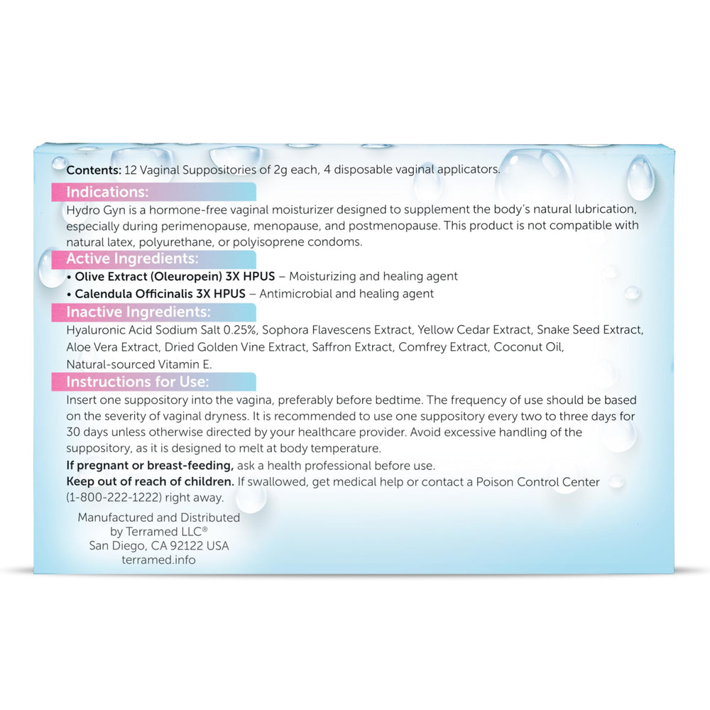 Terramed Hydro GYN hormone-free, pH-balanced label for sensitive care.