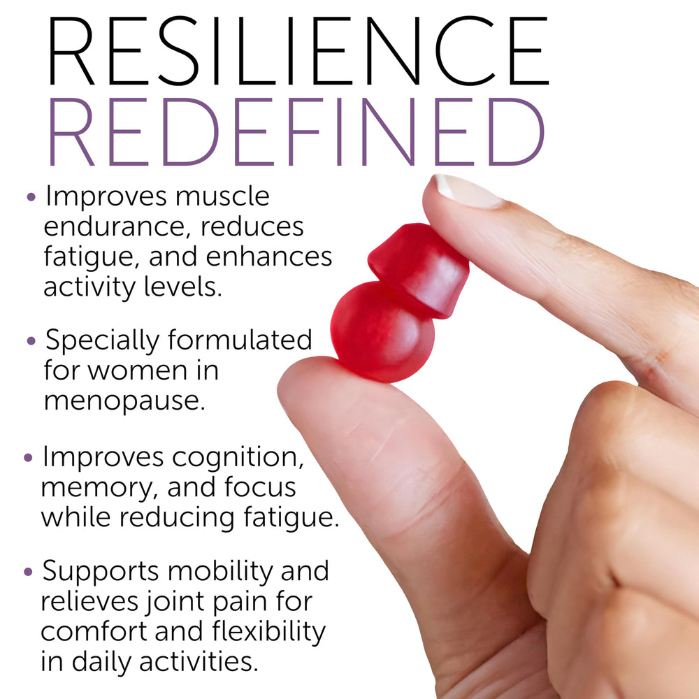 Terramed Just Think Comfort menopause gummies in hand, implying portable daily support.