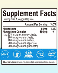 Terranics Magnesium Complex capsules close-up highlighting five chelated forms for absorption