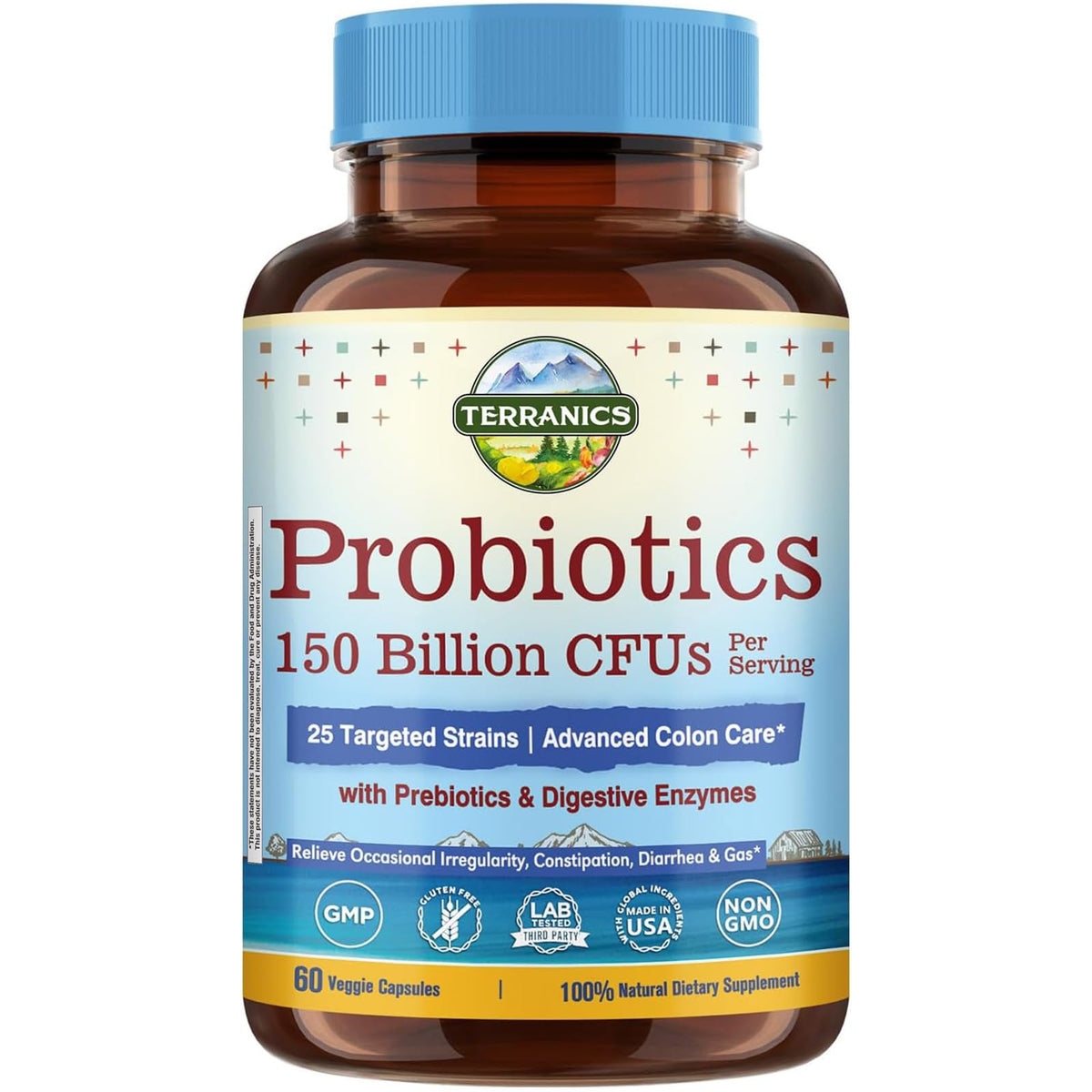 Terranics Daily Probiotics bottle front shows 60 veggie capsules for daily use
