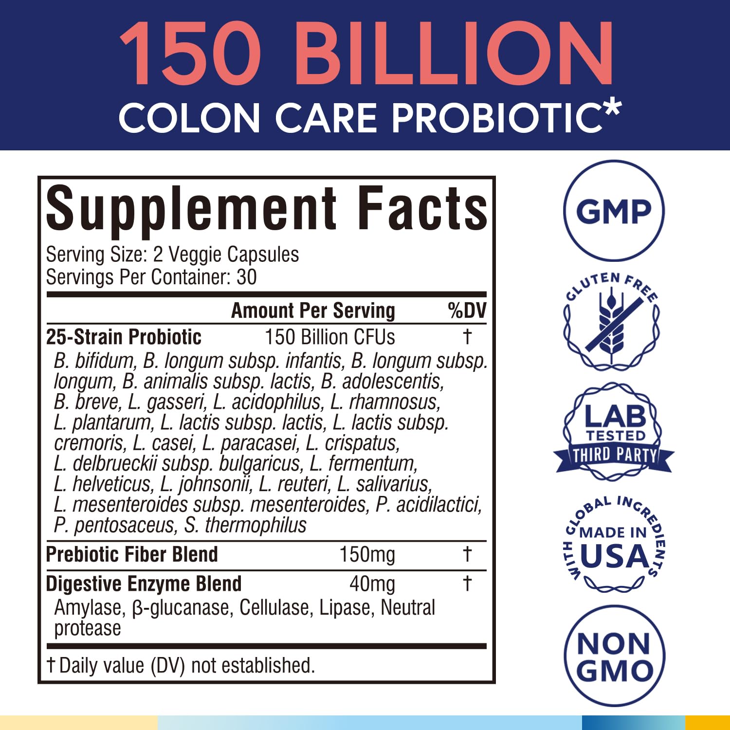 Terranics Daily Probiotics bottle label highlights 150B CFU and 25 strains