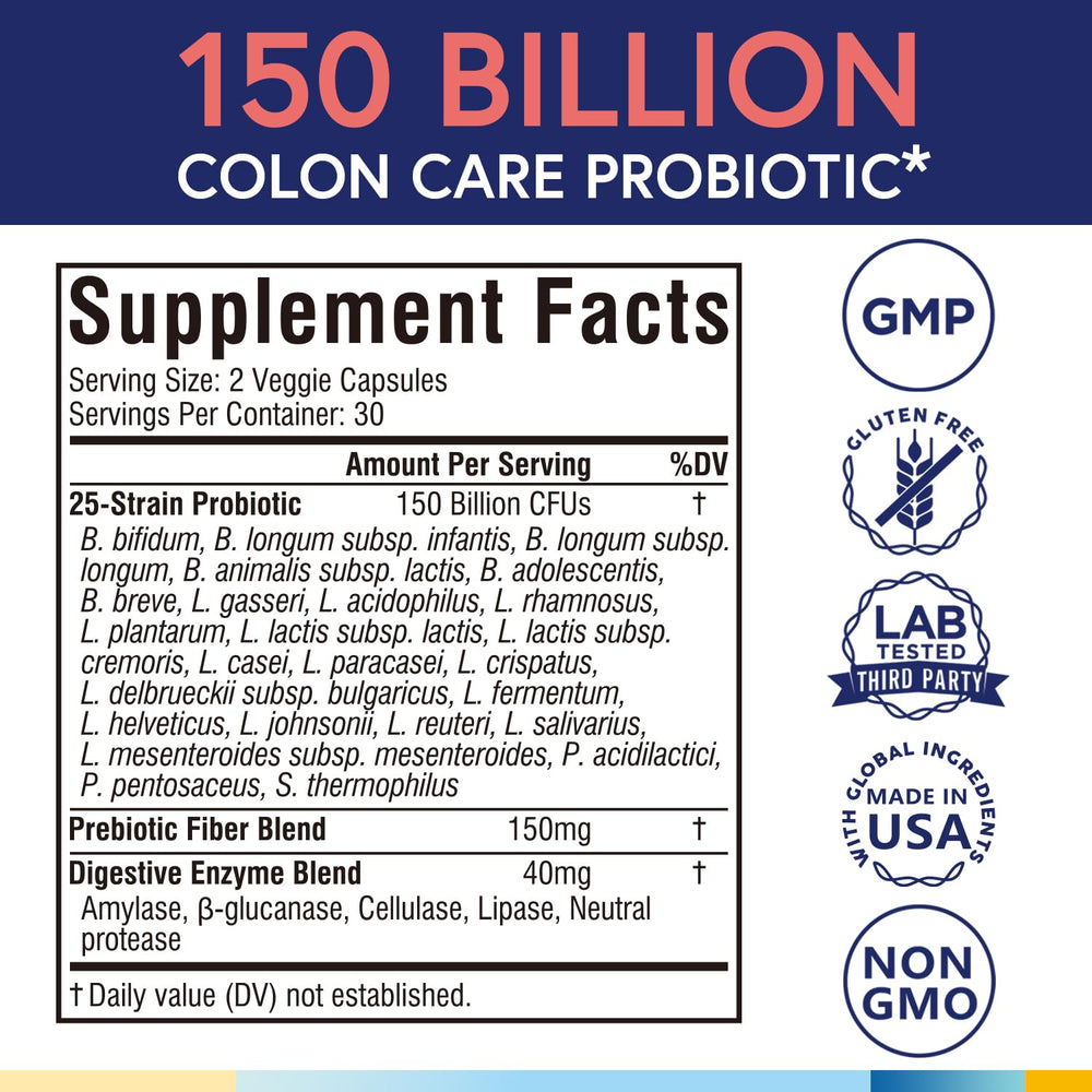 Terranics Daily Probiotics bottle label highlights 150B CFU and 25 strains