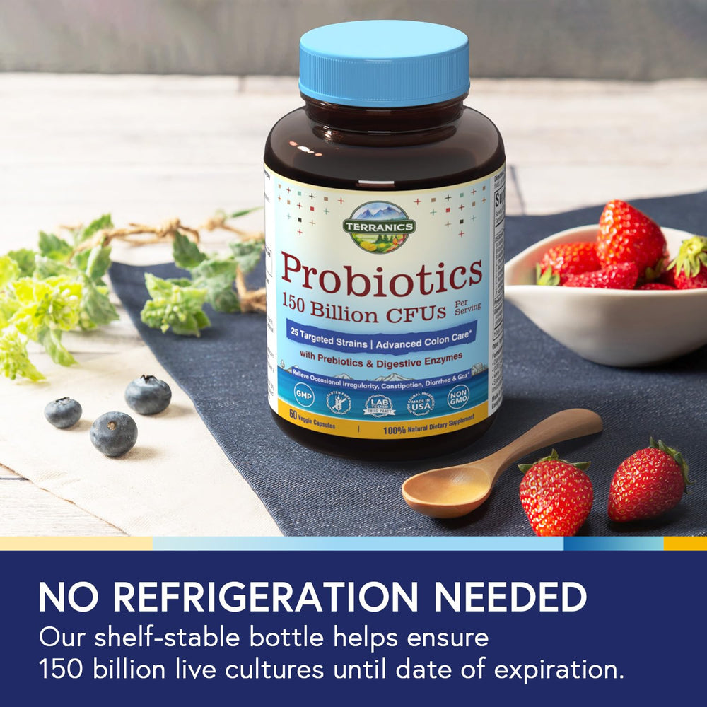 Terranics Daily Probiotics daily-use setup with capsule and water