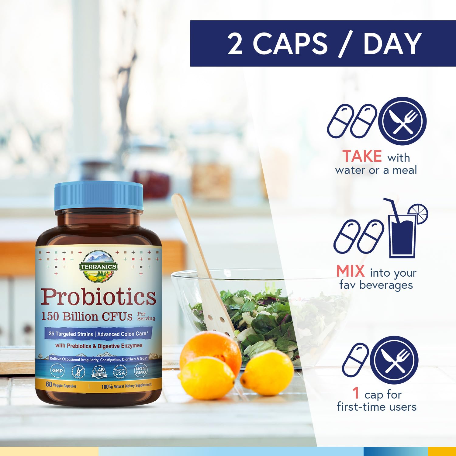 Terranics Daily Probiotics made in USA badge confirms USA production