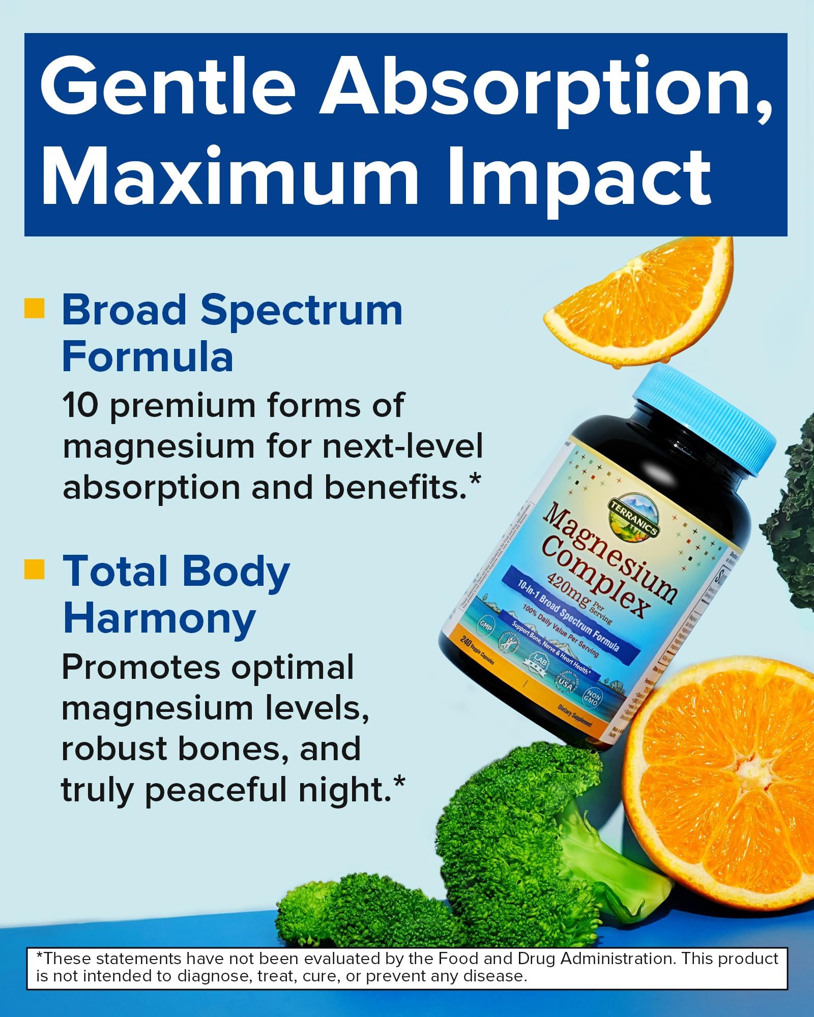 Terranics Magnesium Complex capsules closeup highlights easy to swallow capsules