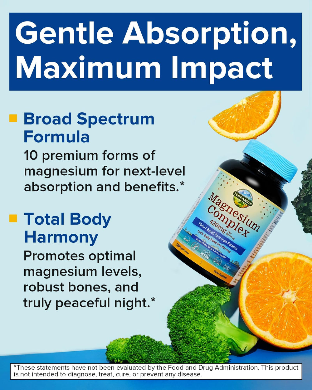 Terranics magnesium complex label close-up featuring 420 mg elemental magnesium