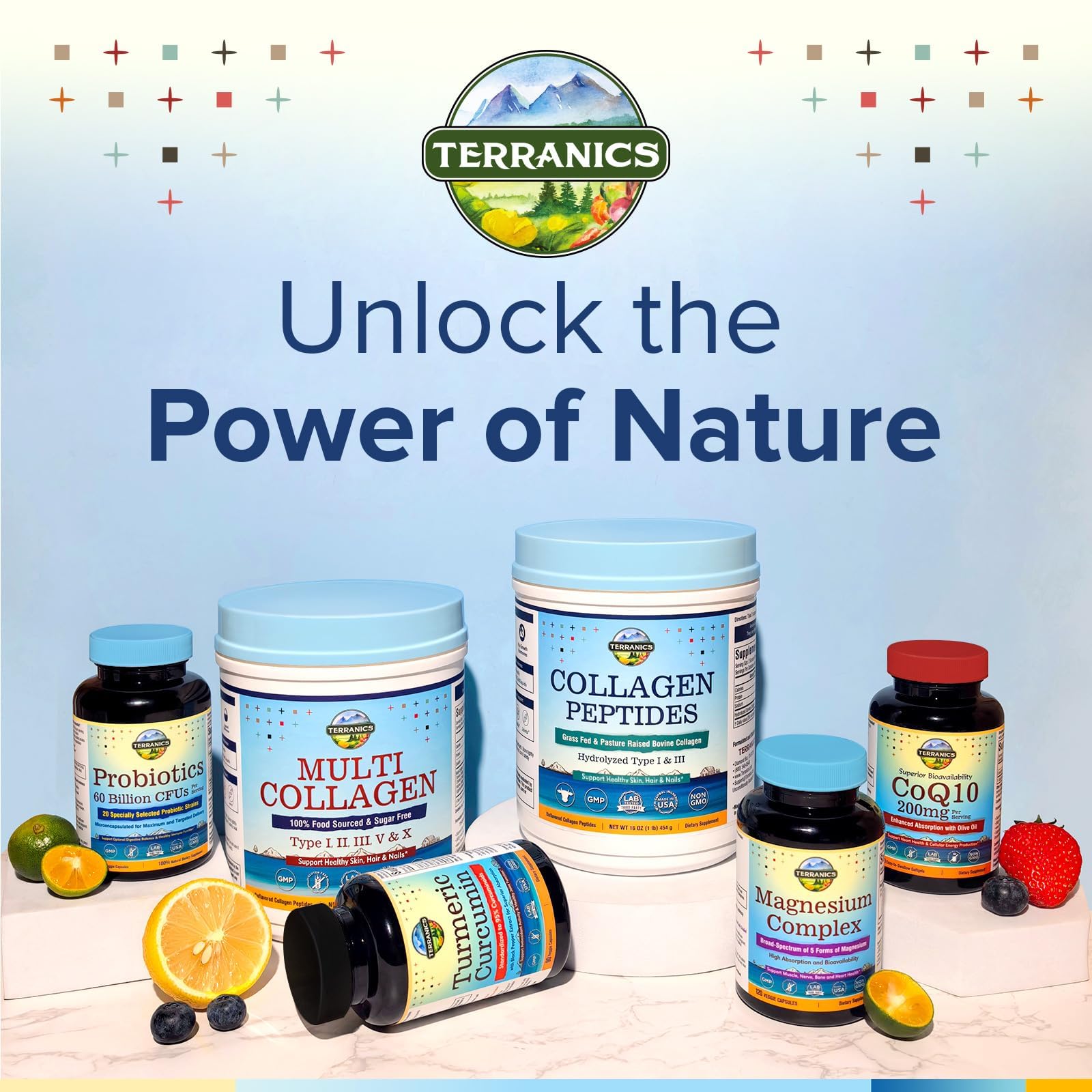Terranics collagen bottle with clear ingredients and benefits on label.
