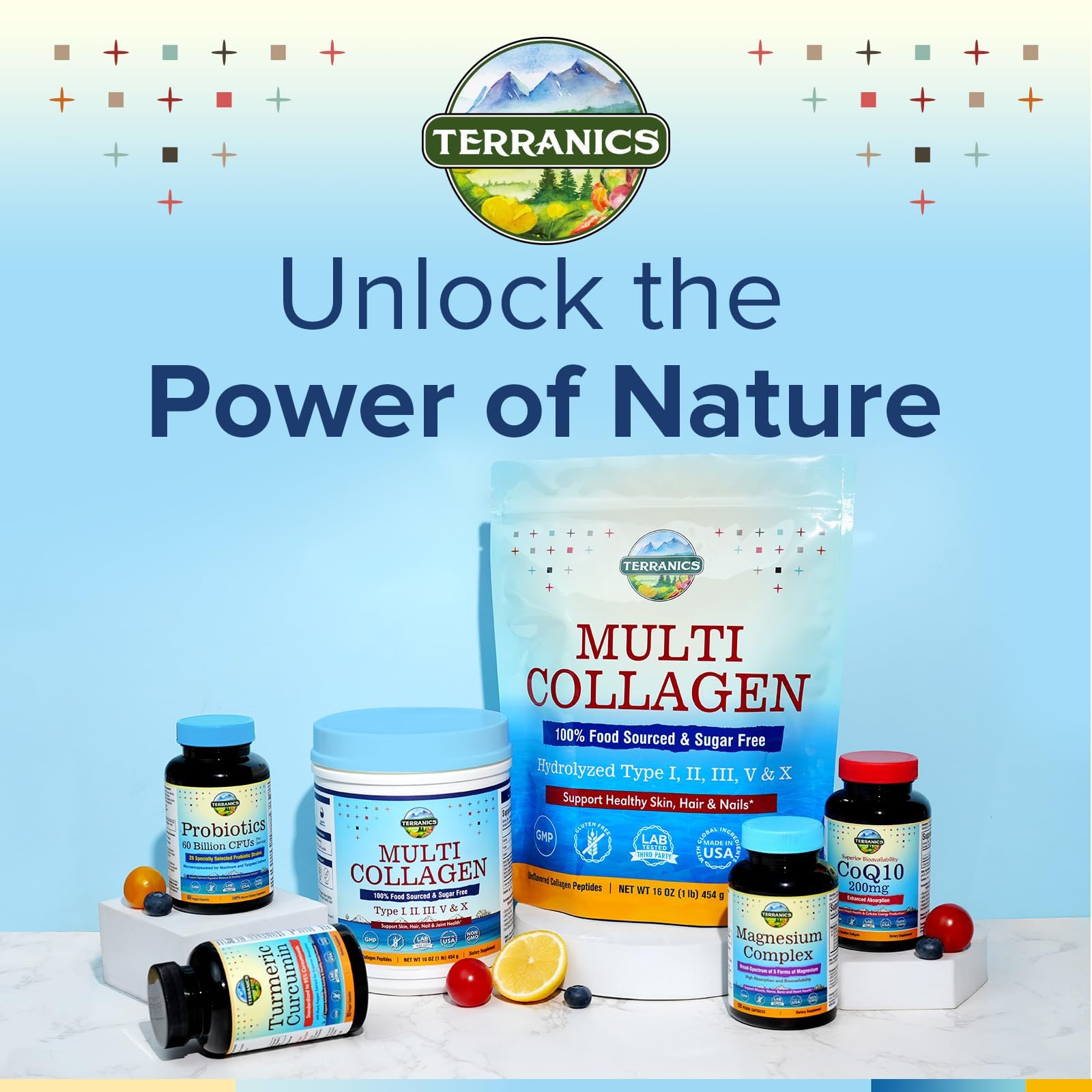 Terranics label highlights five collagen types and sugar-free formulation