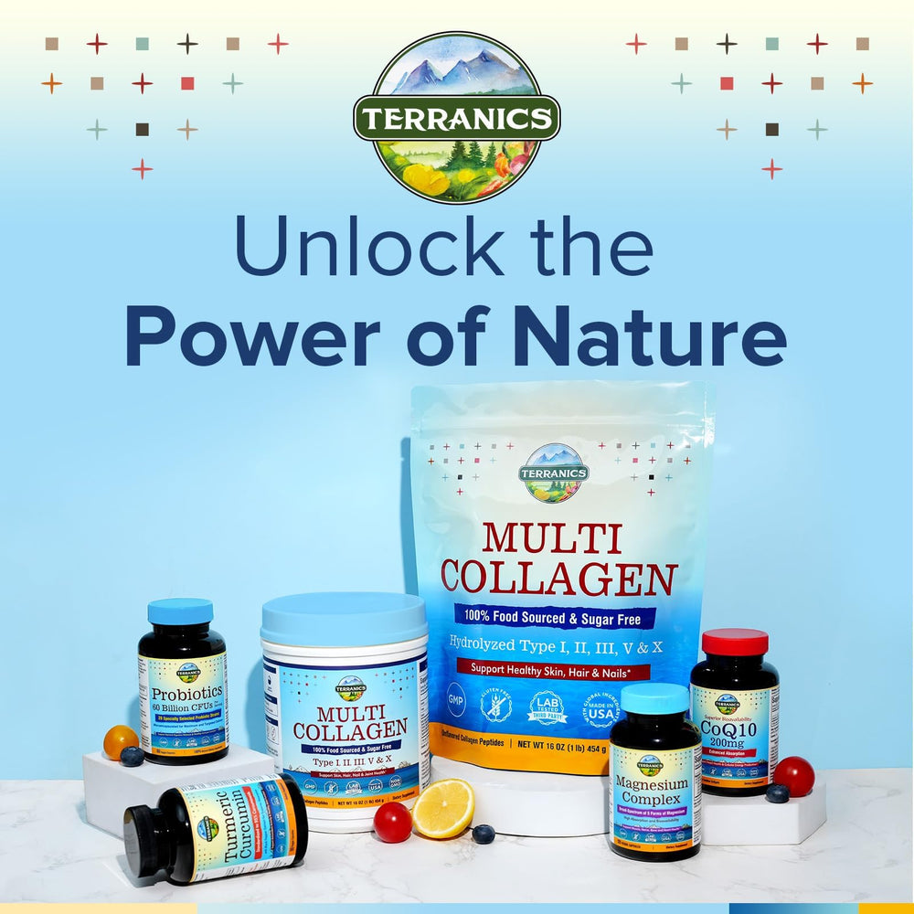 Terranics label highlights five collagen types and sugar-free formulation