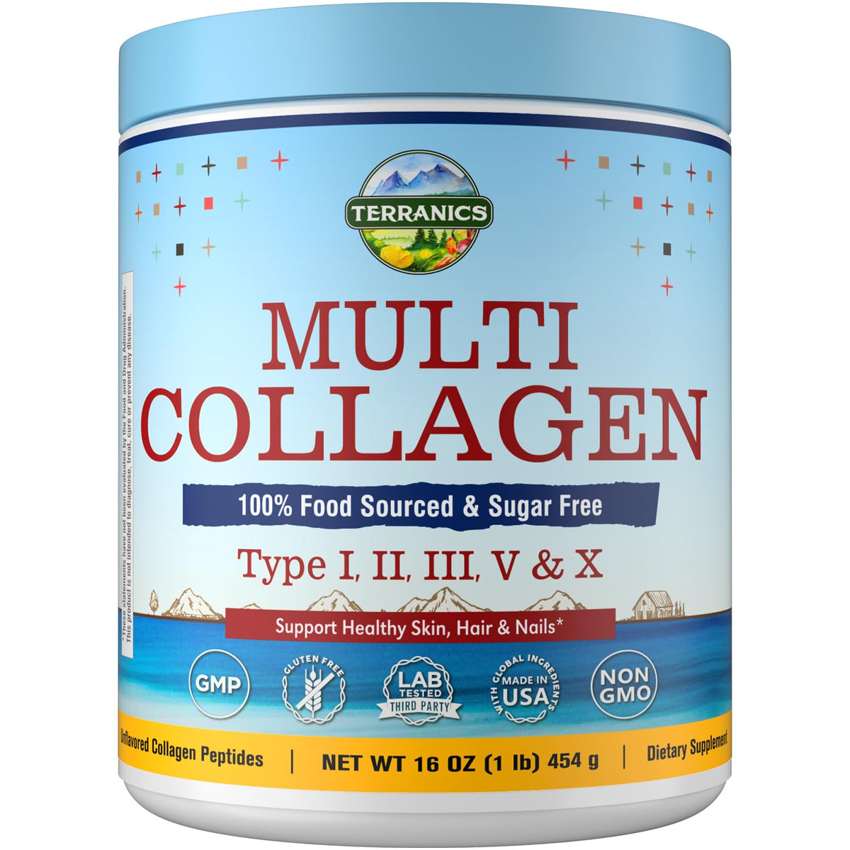 Terranics Multi Collagen Powder tub front view showing the five-type blend.