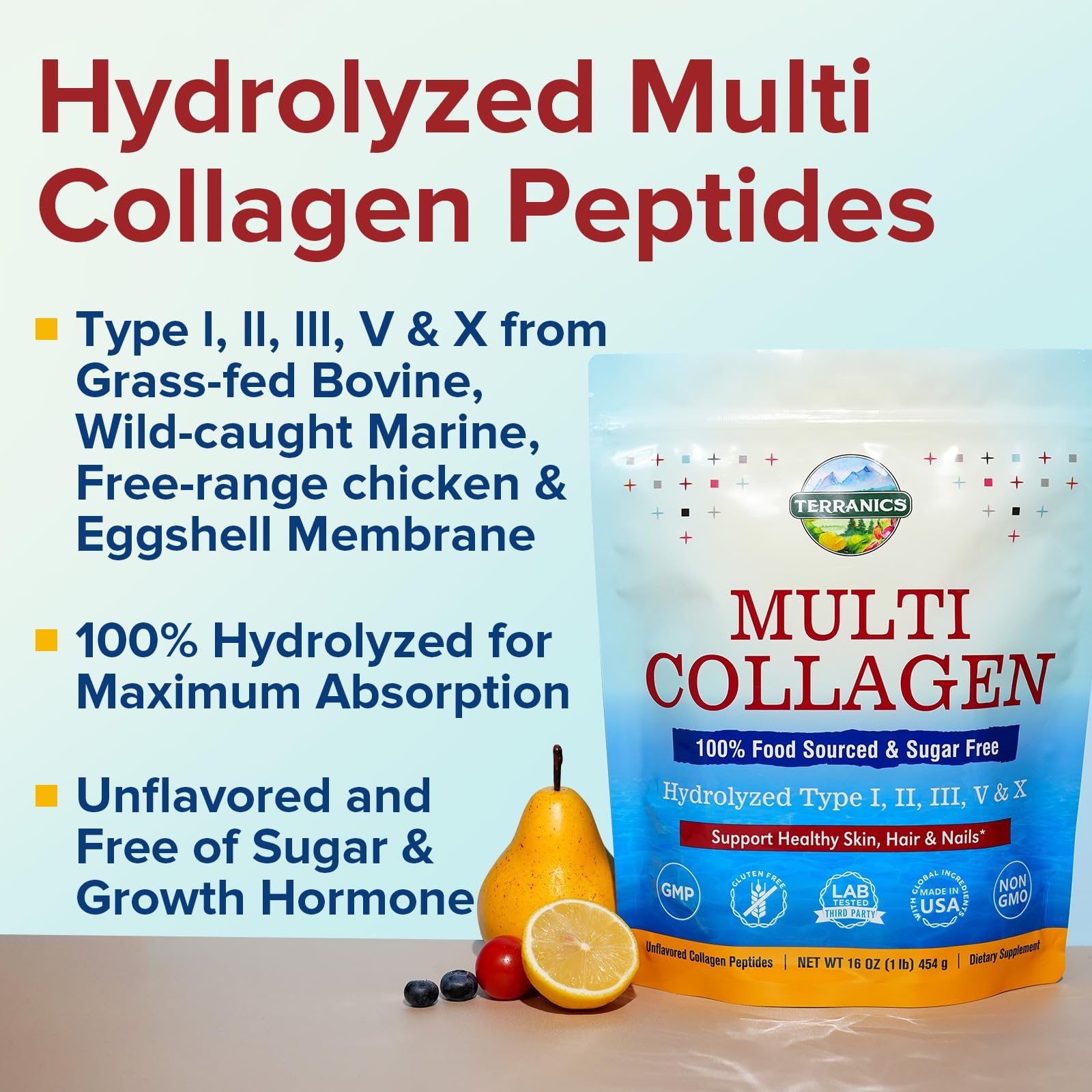 Terranics Multi Collagen Powder unflavored scoop for seamless mixing in drinks