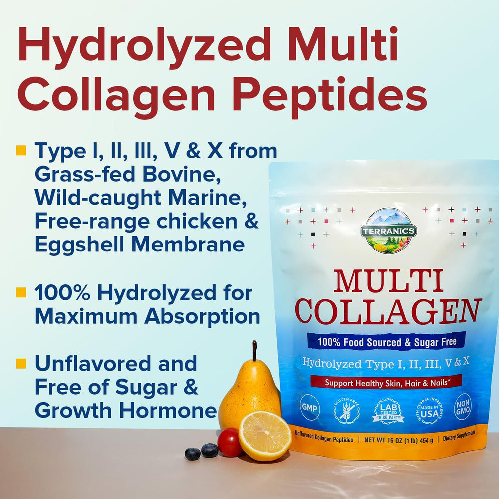 Terranics Multi Collagen Powder unflavored scoop for seamless mixing in drinks