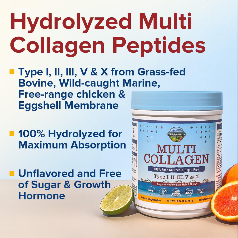 Unflavored Terranics collagen dissolves easily into water, coffee, or smoothies.