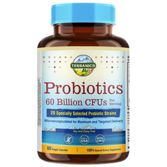 Terranics Probiotics bottle with 60B CFU highlighting shelf-stable design for daily use