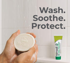 Cream being applied to irritated skin to illustrate soothing relief.