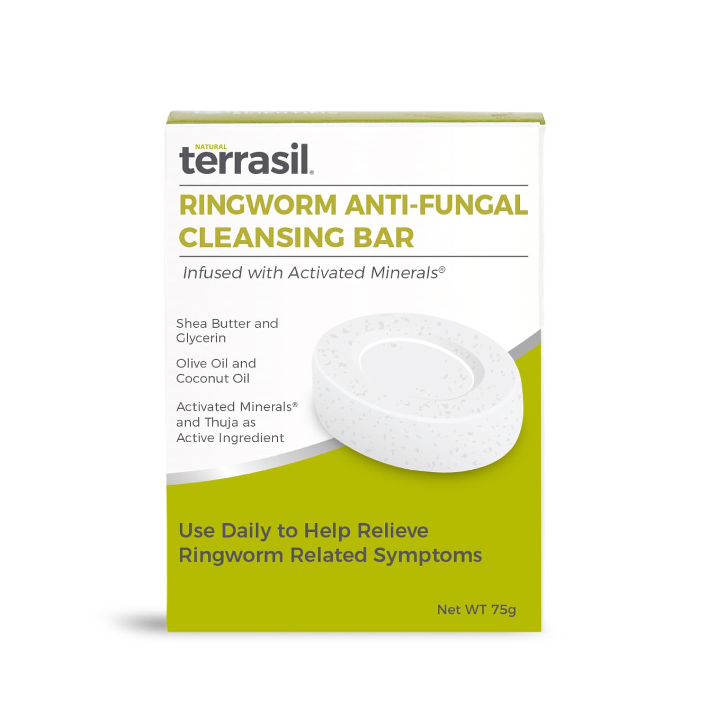 Terrasil Ringworm Soap 75g bar shows a solid, smooth surface for gentle cleansing
