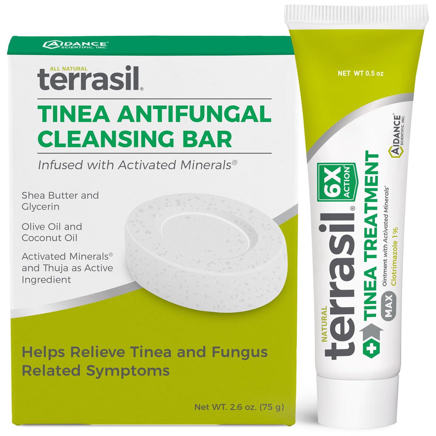 Terrasil Tinea cream bottle closeup for itchy skin relief.