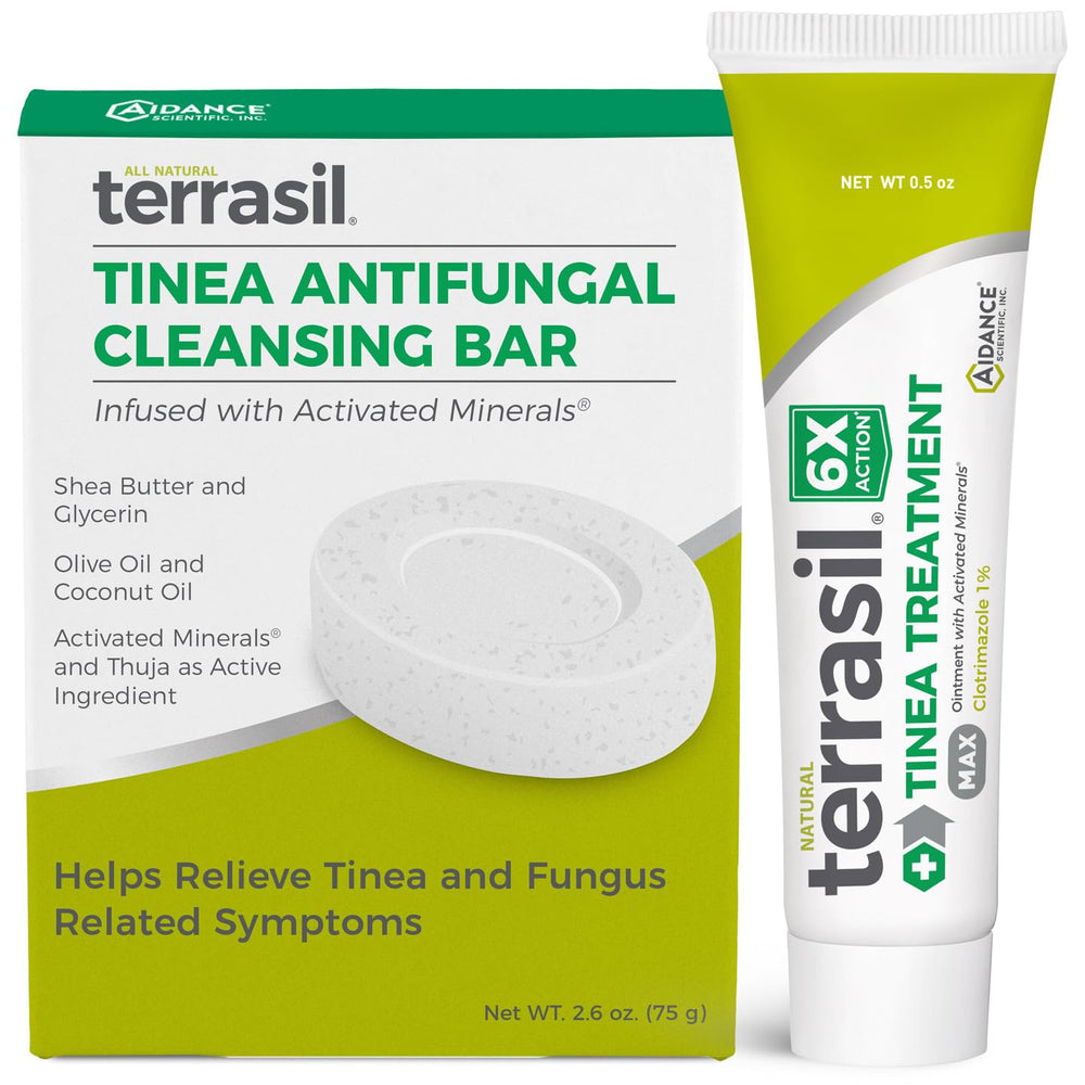 Terrasil Tinea cream bottle closeup for itchy skin relief.