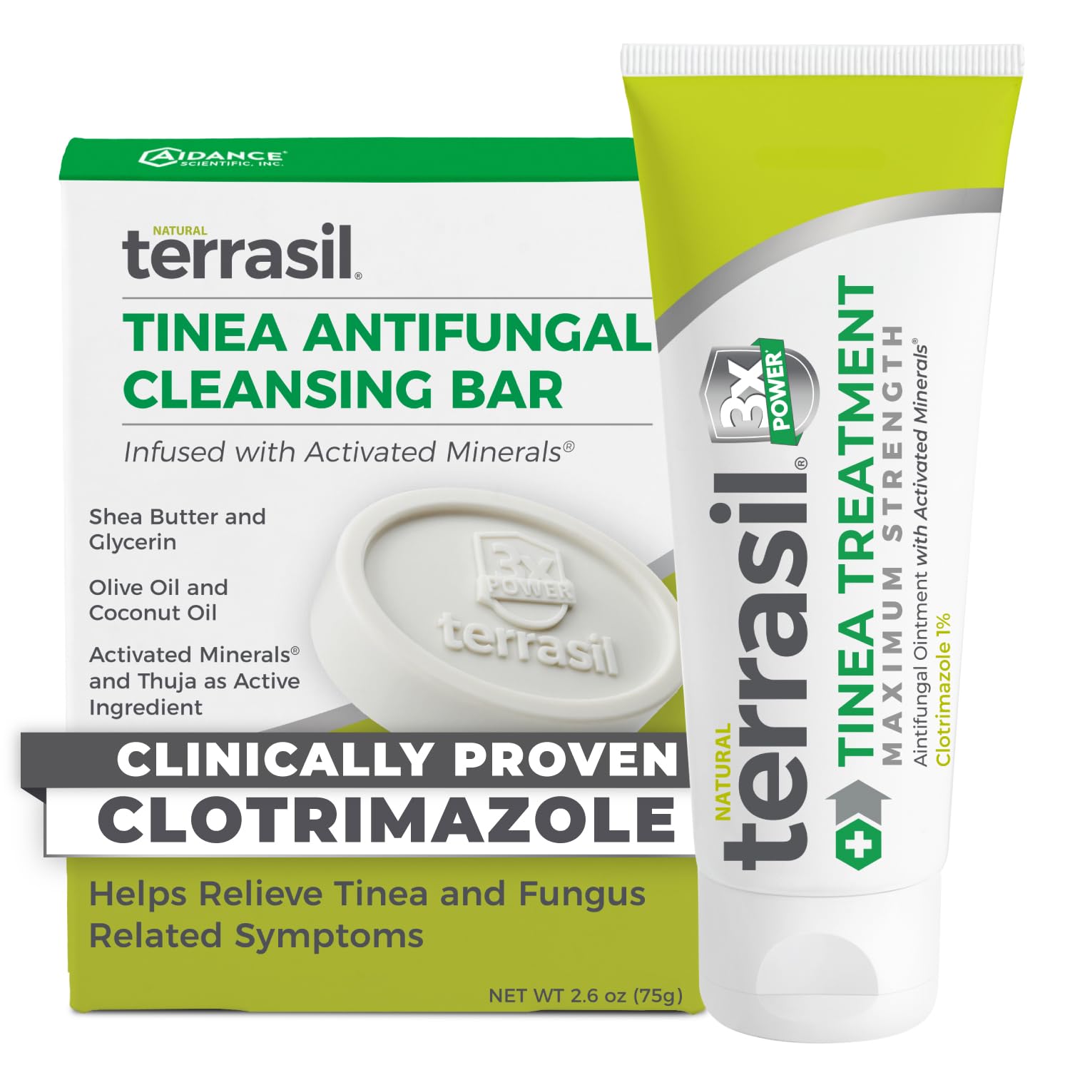 Terrasil Tinea Cream tube front shows potent antifungal action for tinea versicolor relief.