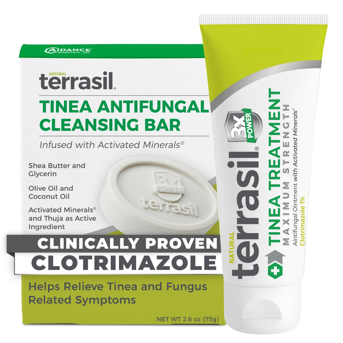 Terrasil Tinea Cream tube front shows potent antifungal action for tinea versicolor relief.