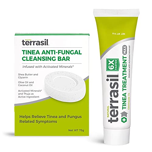 Terrasil Tinea cream and soap duo shown on bathroom counter.