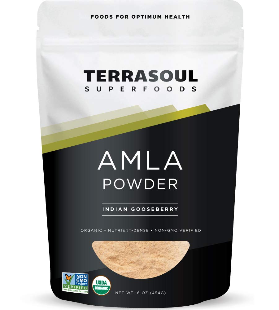 Terrasoul Amla powder in a 16 oz jar, rich in antioxidants for everyday energy.