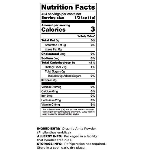 Terrasoul Amla powder label on tub highlighting organic, non-GMO quality.