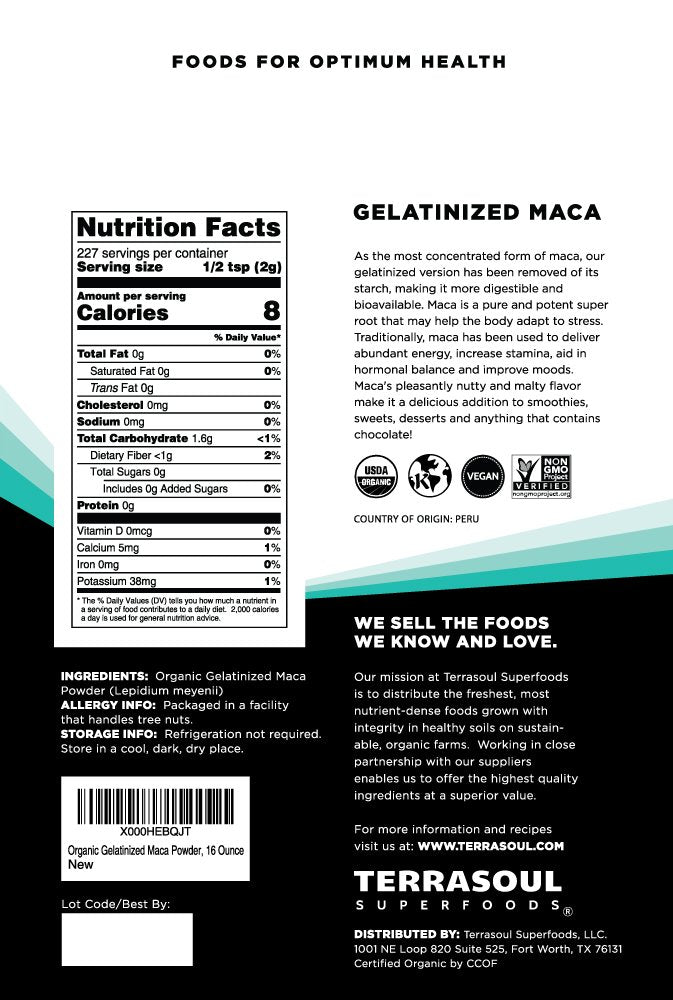 Terrasoul Gelatinized Maca Powder pouch front—organic stamina support.