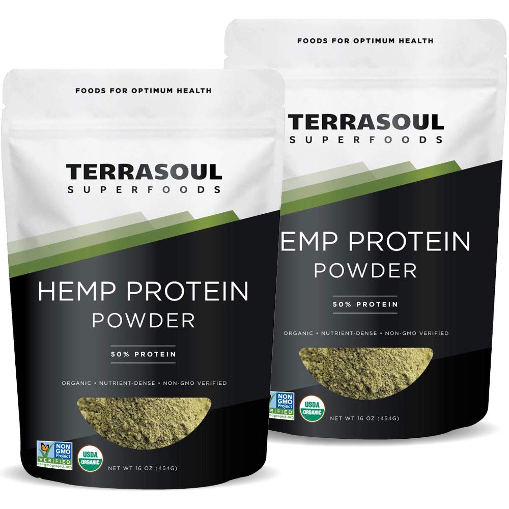 Terrasoul hemp protein powder 50% protein in a 2lb pouch for vegan diets.
